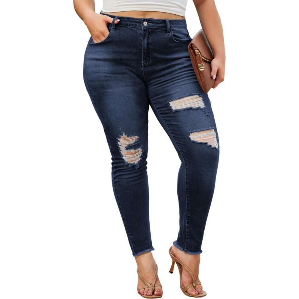 Plus Size Skinny Jeans Women Stretchy High Waisted Ankle Destroyed Ripped